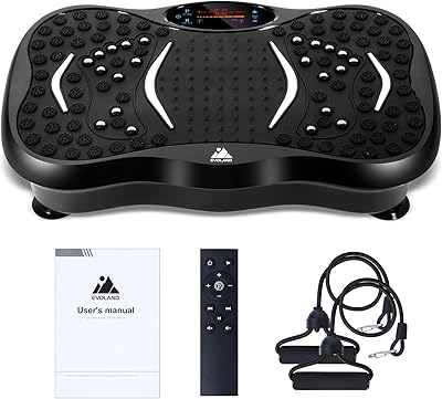 EVOLAND Vibrationsplatte Vibrationsgeräte mit 5 Trainingsprogramme bis 99 Intensitätsstufen, Bluetooth Lautsprecher, Widerstandsbänder mit Griff für Ganzkörpertraining und Körperformung