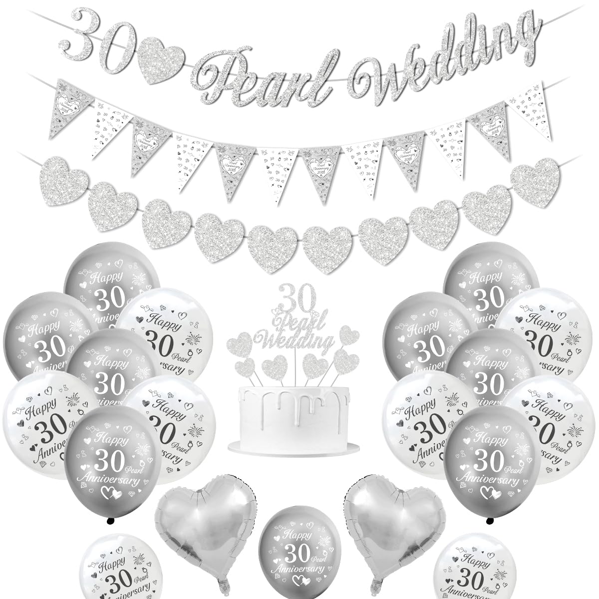 Pearl Wedding Decorations, 30th Wedding Anniversary Decorations Happy 30th Anniversary Balloons Silver White Balloons Heart Balloon Banner Cake Topper