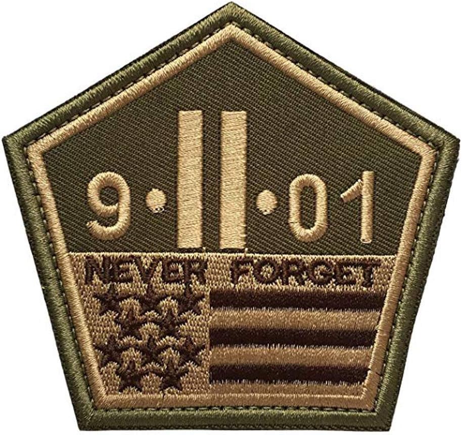 9.11.01 Never Forget with US Flag Nation Tactical Army Morale Desert Badge Hook & Loop Embroidery Emblem Patch (Khaki)