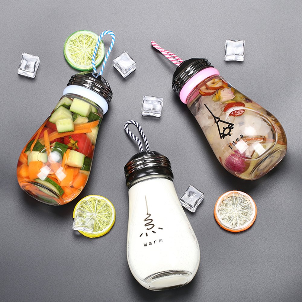 Keemanman Creative Bulb Cup,BPA Free Glass Travel Tea Mug,Cute Water Bottle with Neoprene Sleeve 14 Ounce (blue)