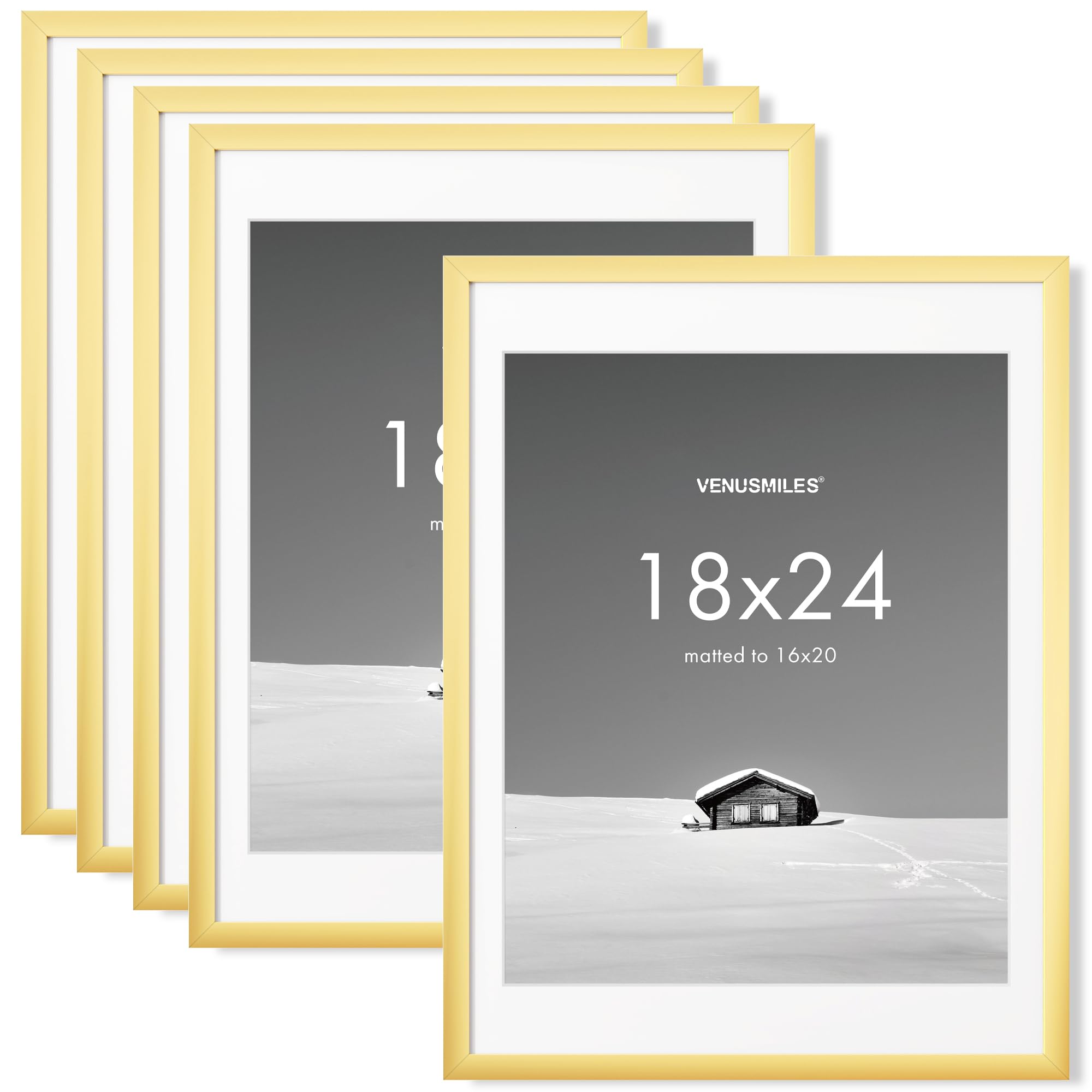 Venusmiles 18x24 inch Picture Frame, 18x24 Photo Frames with 16x20 Removable Mat - High Definition Plexiglass - Vertical and Horizontal Display - Wall Hanging Poster Frame - Gold, 5 Pack Image