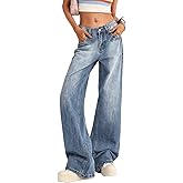 Women's Low Rise Baggy Jeans Washed Straight Wide Leg Denim Pants Casual Loose Boyfriend Jean Streewear Trousers