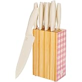 Paris Hilton 11-Piece Knife Set with Block, Durable Stainless Steel Blades, Nonstick Ceramic Coating, Ergonomic Soft Grip Handles, Pink Gingham Rubberwood Block, 11-Piece, Cream