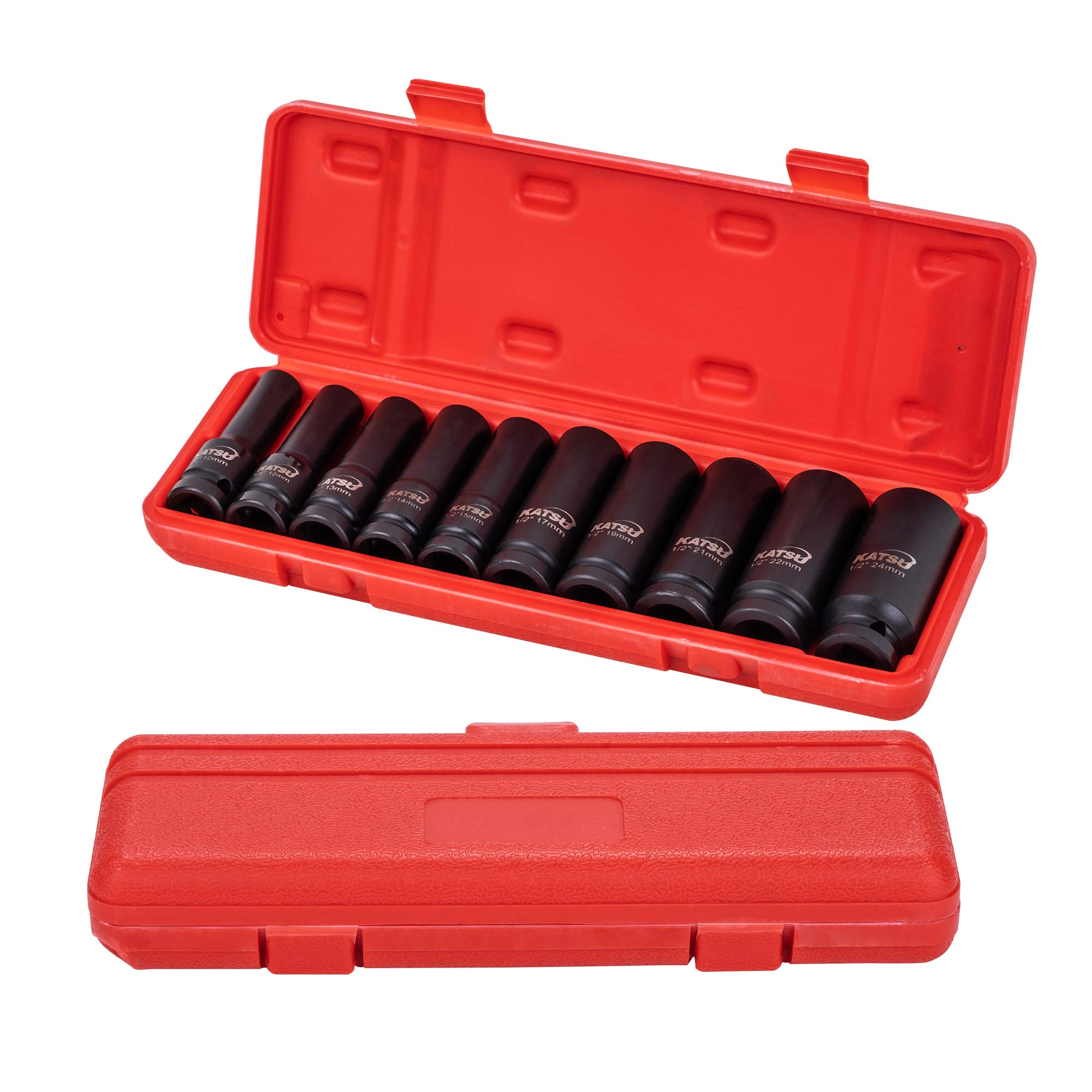 KATSU Deep Impact Socket Set 1/2 Inch Drive 10Pcs, 10mm-24mm Mertic Heavy Duty High Grade Chrome-Moly Steel, Automotive Trucks Tractors Engines Repairing Tool 420440