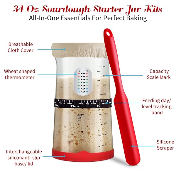 SOURDOUGH STARTER KIT,GIFT FOR BAKERS SOURDOUGH BREAD BAKING SUPPLIES,34OZ STARTER JAR, 2 COTTON ROPE PROOFING BASKETS & MORE FOR SOURDOUGH STARTER BREAD MAKING BAKING FERMENTATION