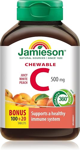 Jamieson Chewable Vitamin C 500 mg Juicy White Peach Flavour, Supports Immune Health, Strong Teeth and Bones. Family Friendly (4+), Vegetarian, Non-GMO, Gluten-Free, No Artificial Flavours, Colours, or Preservatives, 120 Count, Proudly Canadian