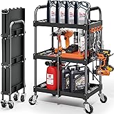 KINGRACK 3 Tier Rolling Tool Cart with Wheels and Ergonomic Handle, Heavy Duty Foldable Utility Service Cart with Organizer S