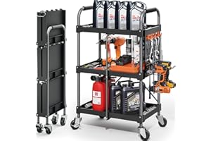 KINGRACK 3 Tier Rolling Tool Cart with Wheels and Ergonomic Handle, Heavy Duty Foldable Utility Service Cart with Organizer S