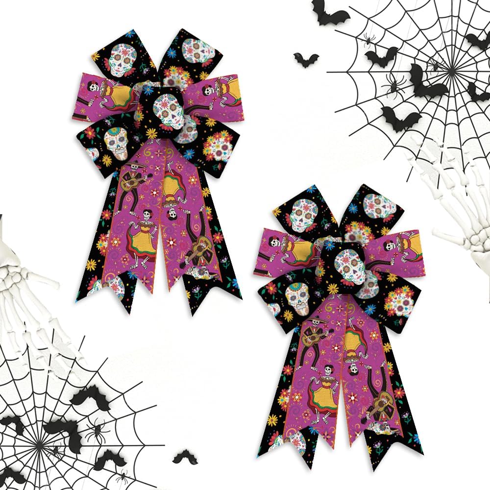 Bows & Ribbons - Hying 2 Pieces Days of The Dead Bows for Wreath, Mexican Skeleton Wreath Bow Red Black Burlap Bows Dia De Los Muertos Mexico Craft Bows for Front Door Halloween Day of The Dead Decoration Supplies
