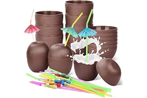 Haundry 12 Coconut Cups with 12 Straws and 12 Cocktail Drink Picks, Hawaiian Luau Tiki and Beach Party Decorations for Kids and Adults