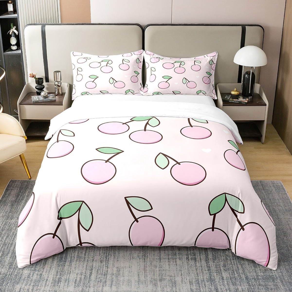 Homewish Pink Cherry 100% Cotton Duvet Cover Single,Kawaii Summer Tropical Fruits Bedding Set,Cartoon Cute Cherries Comforter Cover,Farmhouse Rustic Bed Sets with 1 Pillowcase Bedroom Decor Soft