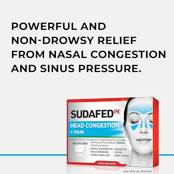 SUDAFED PE NON-DROWSY HEAD CONGESTION + PAIN RELIEF CAPLETS WITH IBUPROFEN 200 MG & PHENYLEPHRINE HCL 10 MG, NASAL DECONGESTANT & NSAID PAIN RELIEVER & FEVER REDUCER, 20 CT