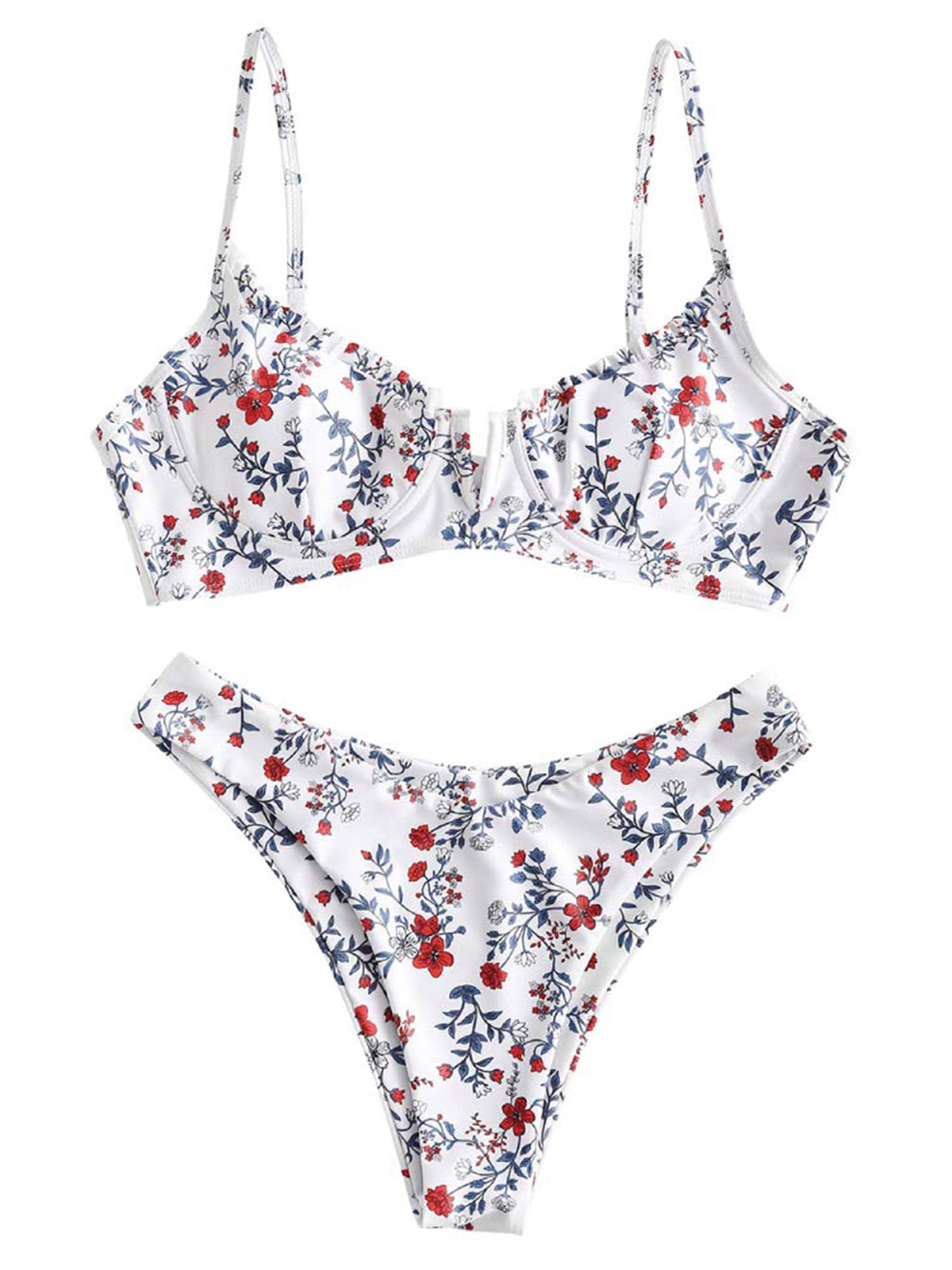 Photo 1 of ZAFUL Women's Underwire Bikini Floral High Cut Bikini Set V-Wired Two Piece Swimsuit Bathing Suit (1-White,S)