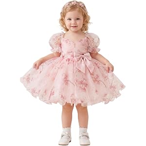 LalaMira Baby Girls Birthday Dress Flower Girl Dress Floral Tulle Ball Gown Princess Pearl Bodice Big Bow Pink