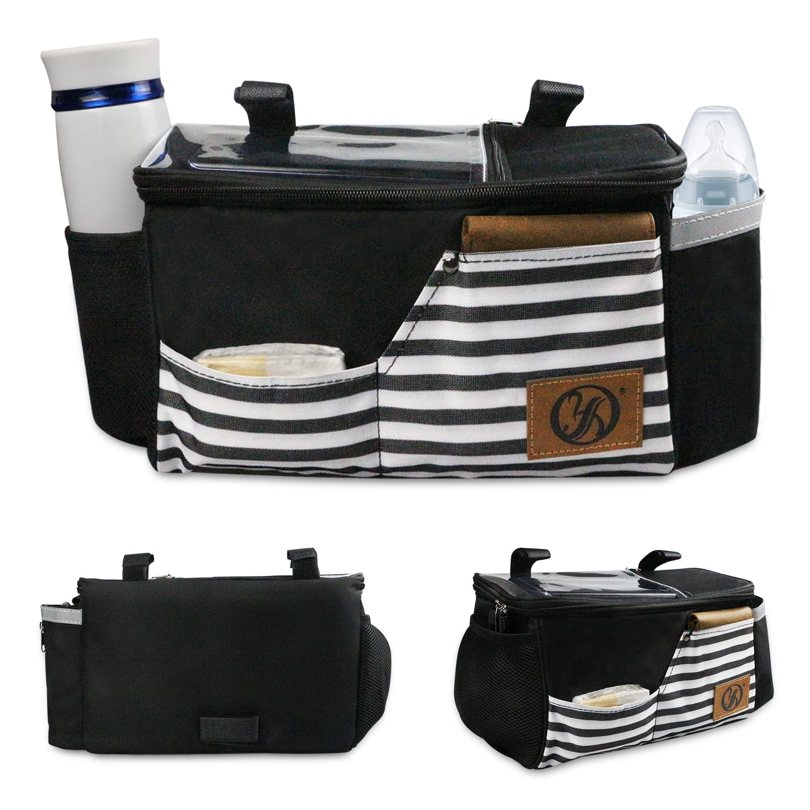 Pram Organiser with Cup Holder, Shoulder Strap and Storage Space for Nappies and Mobile Phones, Baby Accessories Buggy Organiser and Pram Bags Plus with Zip Pocket (Black)