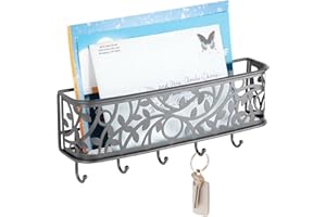 mDesign Wall Mount Metal Entryway Storage Organizer Mail Sorter Basket with 5 Hooks - Letter, Magazine, Coat, Leash and Key Holder for Entryway, Mudroom, Hallway, Kitchen, Office - Graphite Gray