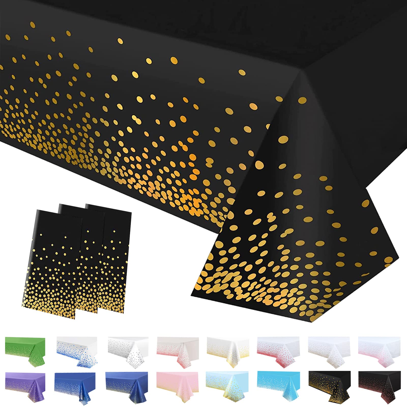 3 Pack Black and Gold Table Cloths, 54 x 108 Inch Black Dot Tablecloths Dot Confetti Party Table Cover Rectangle Plastic Tablecloth Party for Outdoor Picnic Birthday Party,Christmas Table Decorations