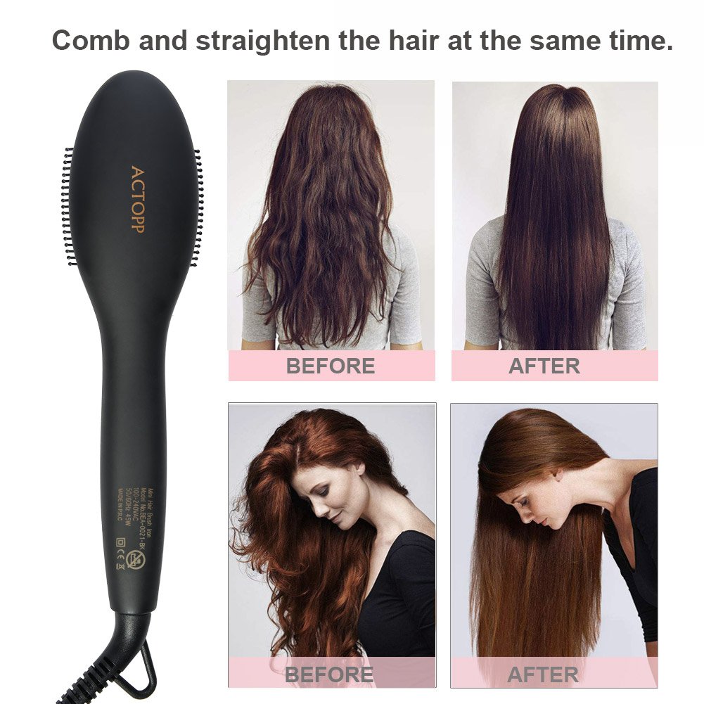 ACTOPP Mini Brosse Lissante Chauffante Brosse Lisseur Professionnelle 2-en-1 Anti-Statique Chauffage Rapide avec 4 Pinces