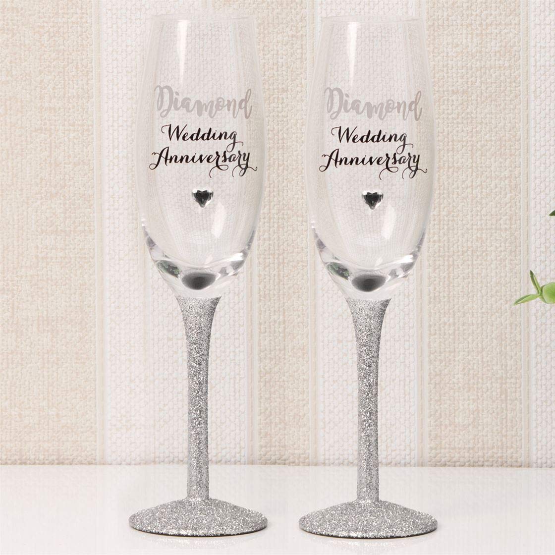 Widdop& Co Celebrations Champagne Flutes Set of 2 Diamond Wedding Anniversary Glitter Stems