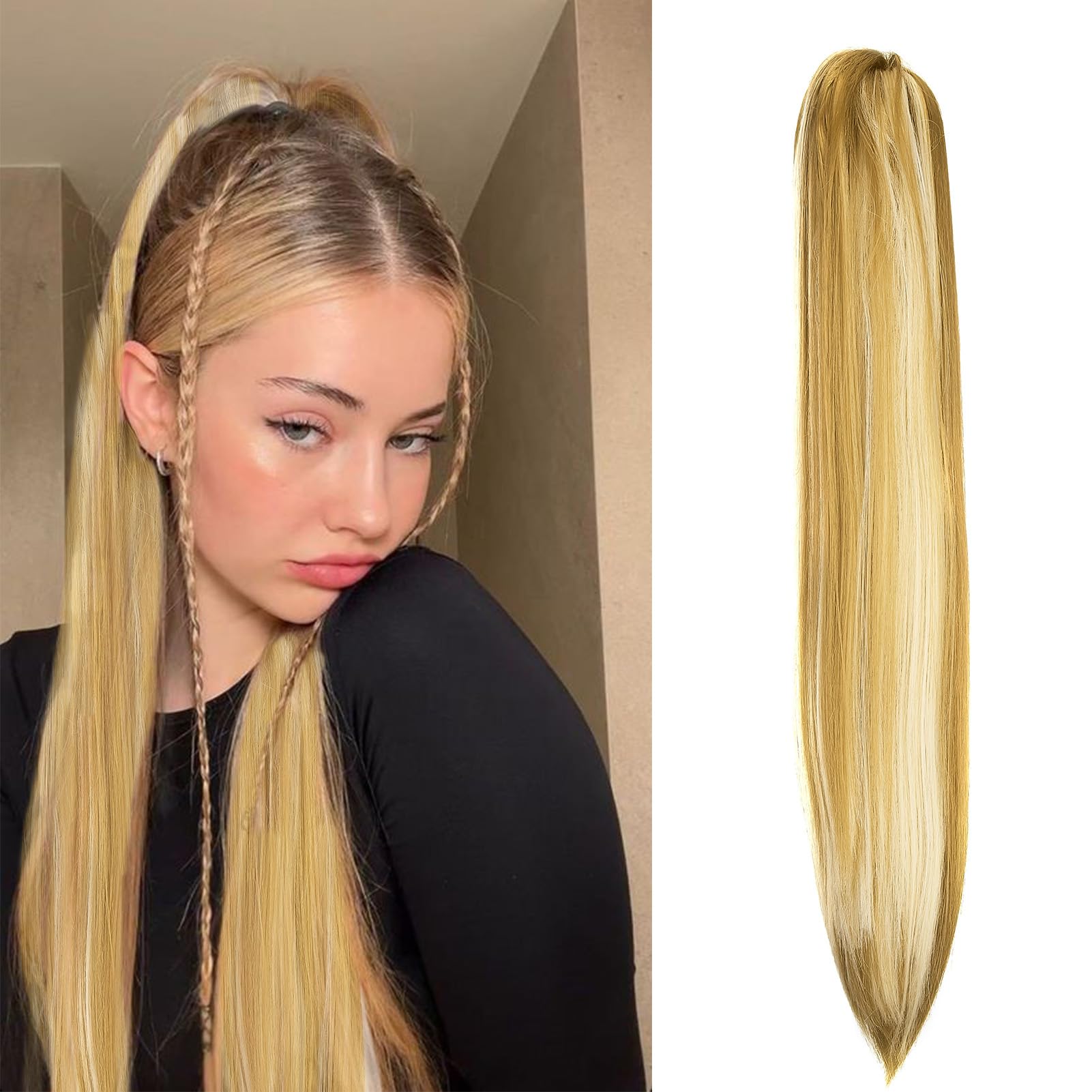 Cybelleza 20inch Ponytail Hair Extensions Straight Ponytail Claw Jaw on Long Straight Pony Tails Clip in Hair Extensions Synthetic Hair pieces for Women, Dark Blonde & Bleach Blonde — image 1