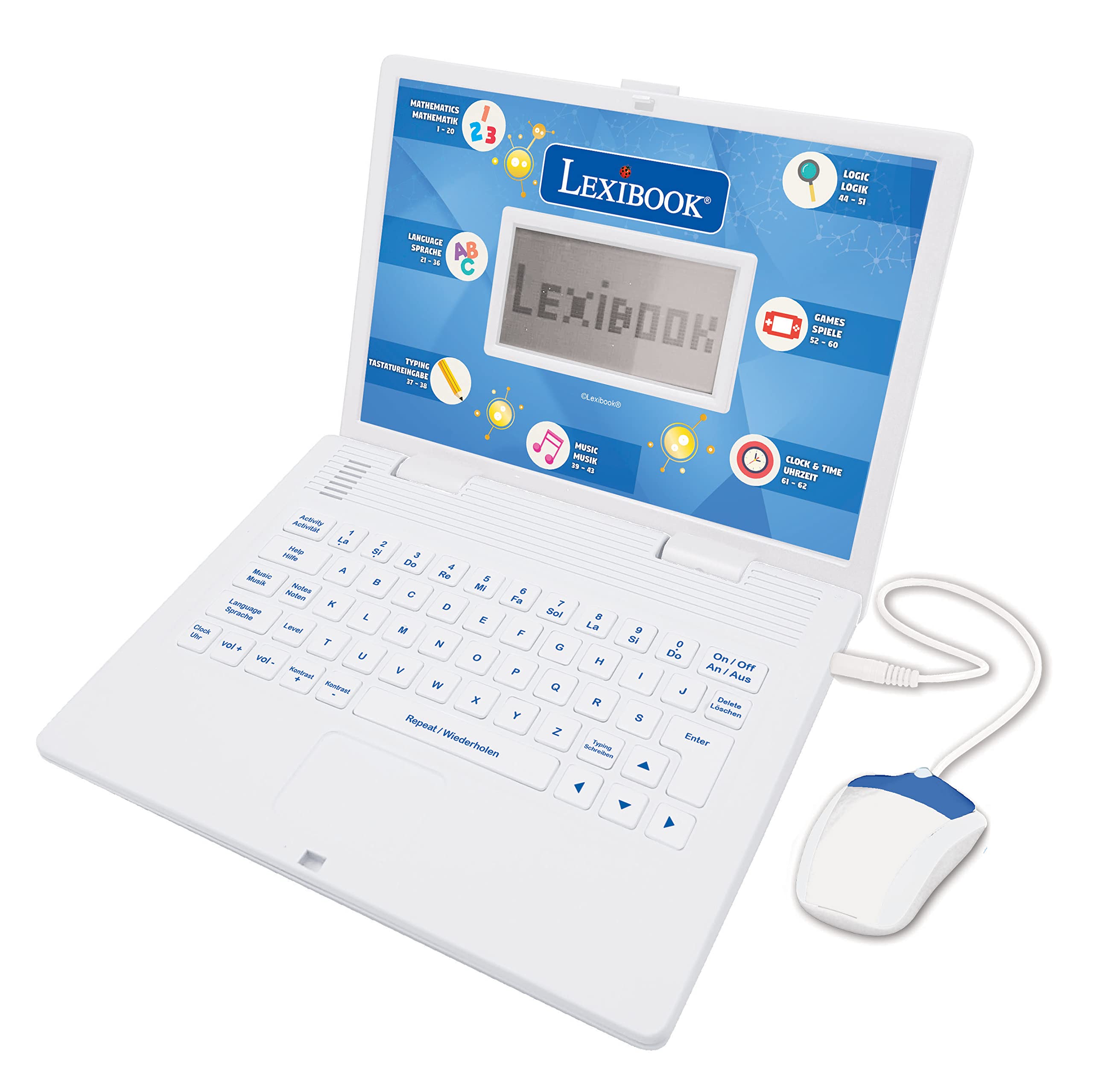 LEXIBOOK, Educational and Bilingual Laptop German/English, Toy with 124 Activities to LearnMathematics, Dactylography, Logic, Clock Reading, Play Games and Music, Play Games and Music, White, JC598i3 โ image 1