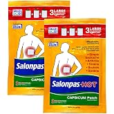 Salonpas Pain Relieving HOT Capsicum Patch, 3 Count per Pack Pack, for Back, Neck, Shoulder, Knee Pain and Muscle Soreness, 8 Hour Pain Relief Pack of 2