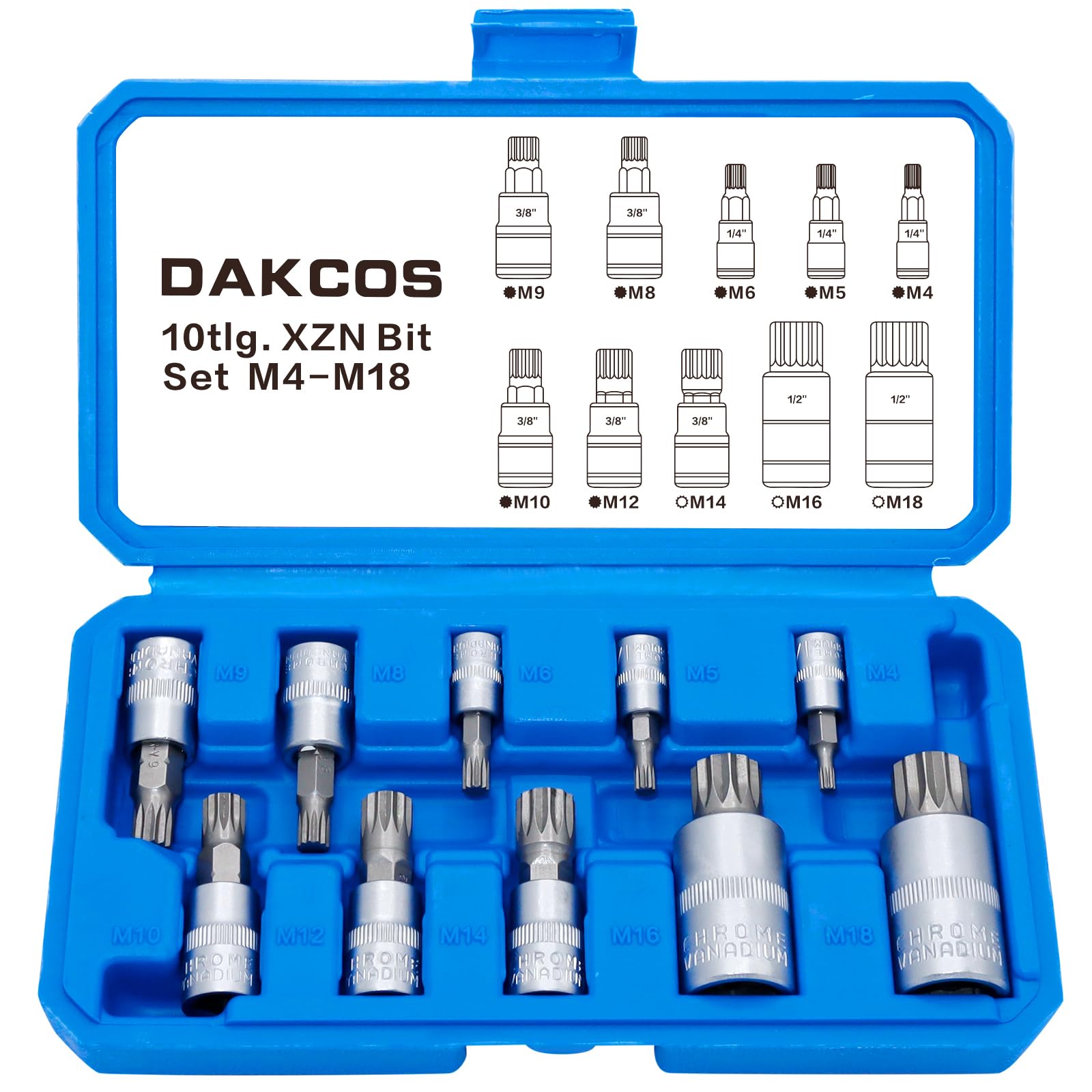 DAKCOS 10pcs XZN Spline Socket Set,M-Type,M4-M18 for 1/2",3/8",1/4" Drive,Triple Square Spline Bit Set — image 1