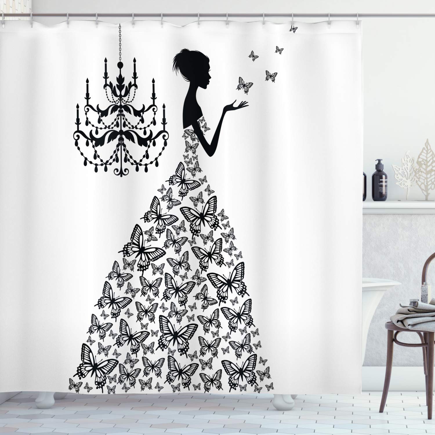 ABAKUHAUS Vintage Shower Curtain, Love Country Wedding Themed Romantic Butterflies Princess Retro Parisienne, Cloth Fabric Bathroom Decor Set with Hooks, 175 x 240 cm, Charcoal Grey White