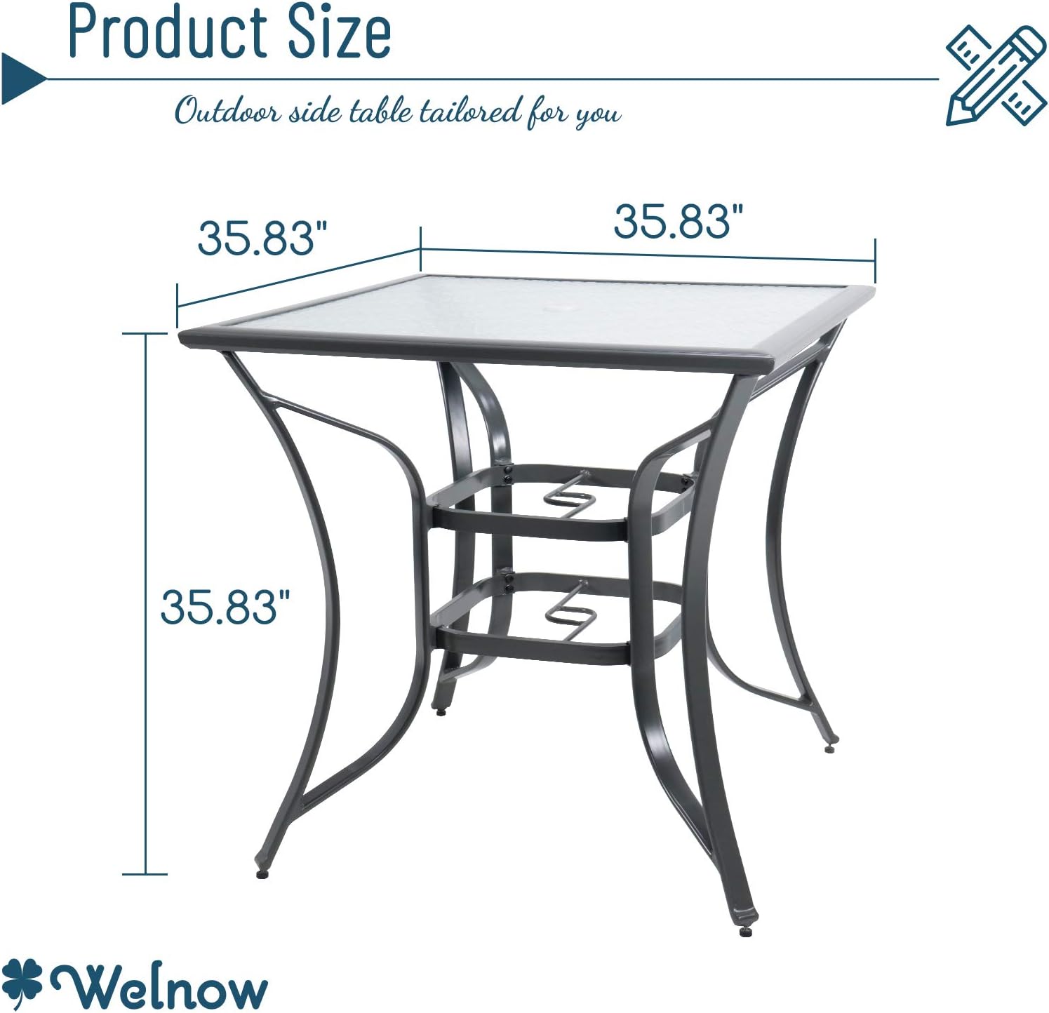 Welnow 36" Outdoor Patio Dining Bar Table Aluminum Square Bistro Table Height Bar Table Outdoor Furniture Garden Backyard Table, Ripple Tempered Glass Table Top with Umbrella Hole, Deep-Gray: Kitchen & Dining