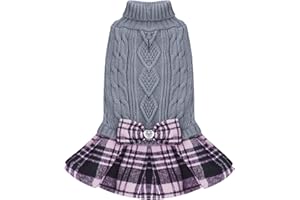 KYEESE Dog Sweater Dress Plaid for Small Dogs with Bowtie Turtleneck Dog Pullover Knitwear Puppy Sweater Grey