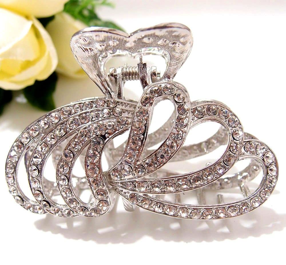 TROTH FASHION Metal Antique Silver Plated Hair Clips Women, Crystal Rhinestone Hair Claw, Diamante Hair Clamp, Anti Slip Large Claw Clips for Thin & Thick Hair, Hair Styling Accessories Women