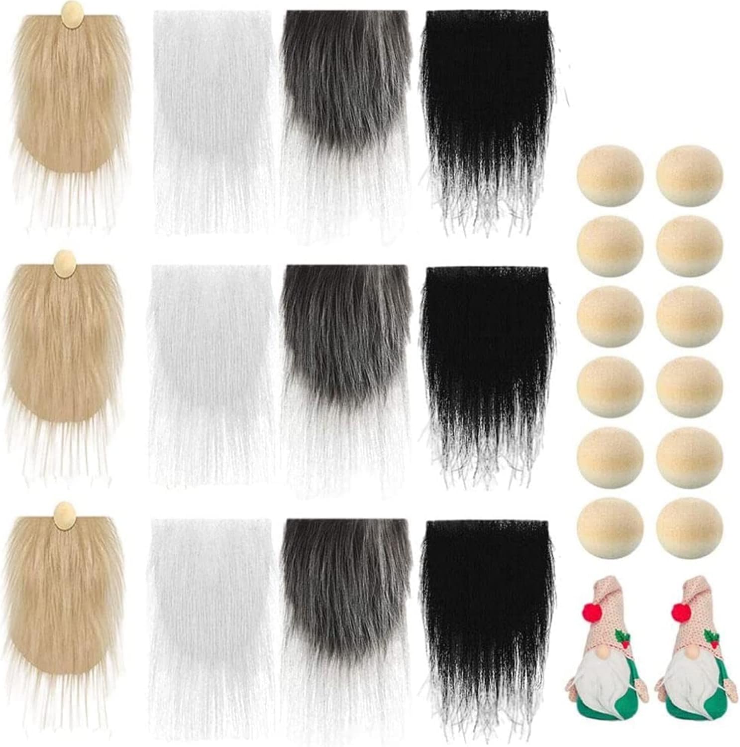 Christmas Gnome Beard, 12 Pieces Precut Faux Fur Gnome Beard with Round Wooden Balls, Handmade DIY Crafts Dcoration Supplies (White, Black, Khaki, Grey)
