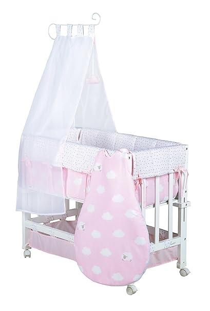roba Stubenbett 3 in 1 'Kleine Wolke rosa', Beistellbett, Babybett & Kinderbank, Holz weiß inkl. kompletter Ausstattung & Sch