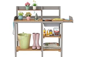 MEDERLA Outdoor Wooden Potting Bench Table with Sink, Garden Table Work Bench with Shelf, Workstation for Outside Patio Lawn