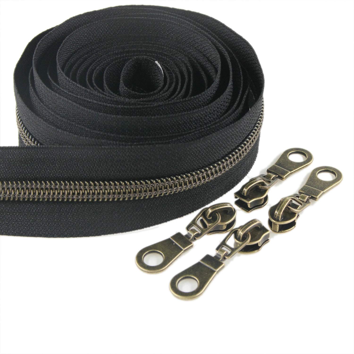 #5 Metal Nylon Zippers Antique Brass Bulk 9m Black Ribbon with 25 Brass Sliders for DIY Sewing Craft Bag Leekayer