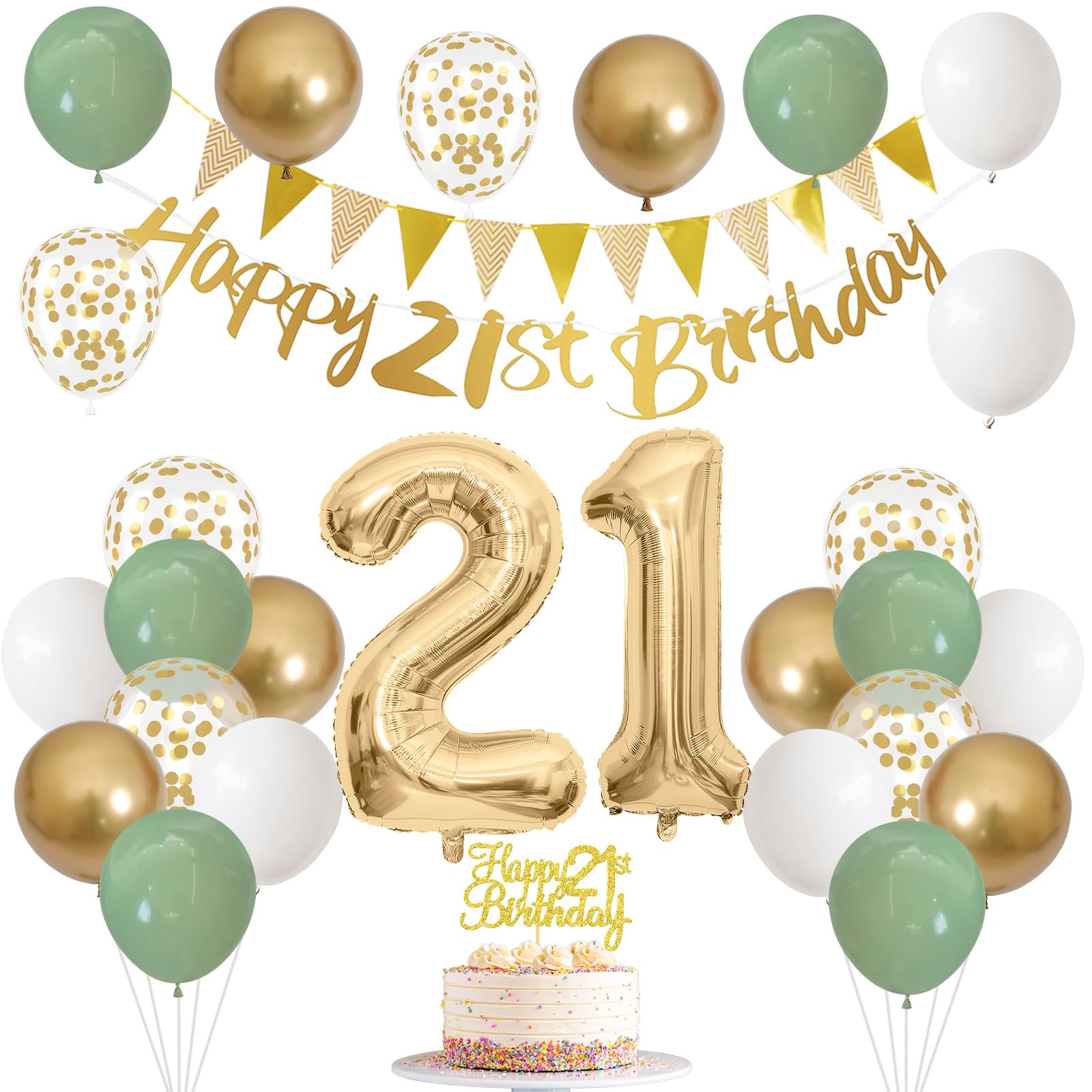 Photo 1 of 21st Birthday Decorations for Him Her, Happy Banner With Cake Topper Number 21 Foil Balloon, Sage Green White Gold Balloons for Men Women 21 Year Old Party Decoration