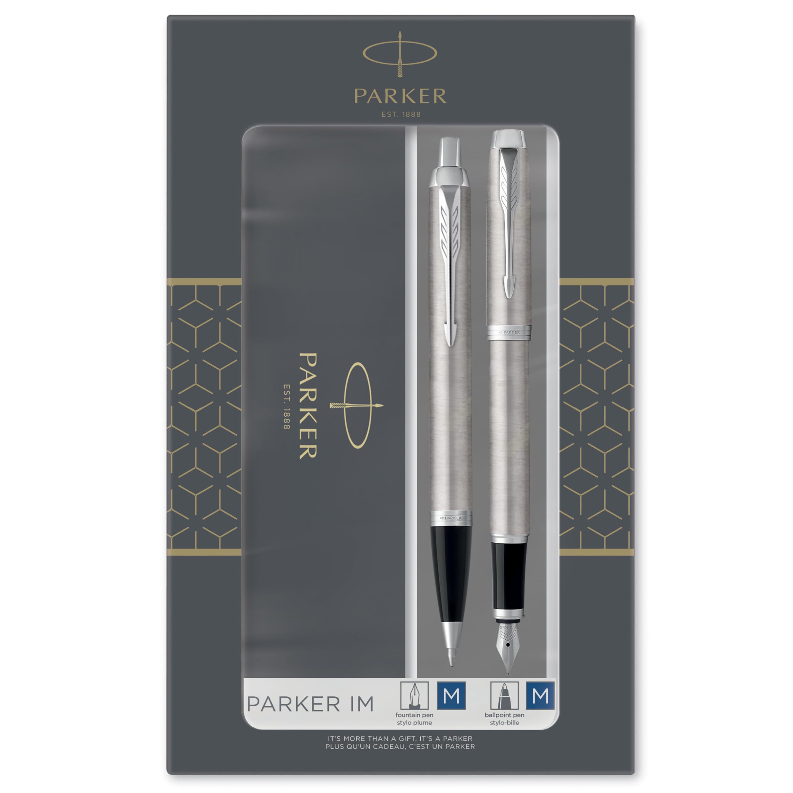 Parker IM Duo Gift Set with Ballpoint Pen & Fountain Pen | Stainless Steel Chrome Trim | Blue Ink Refill & Cartridge | Gift Packaging