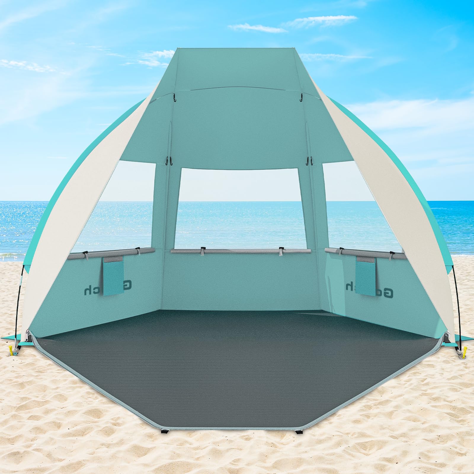 Photo 1 of Gorich Portable Beach Tent for 3/4-5/6-7 Person with UPF 50+ UV Protection, Lightweight & Foldable Sun Shelter with 5 Sand Bags, Easy Setup Windproof Beach Umbrella Sun Shade