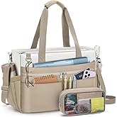 RAINSMORE Teacher Tote Bag for Women 15.6 Inch Laptop Briefcase with Clutch Bag, Nurse Bags Professional Work Handbag for Office College Nursing, Utility Tote Messenger Shoulder Bag, White And khaki
