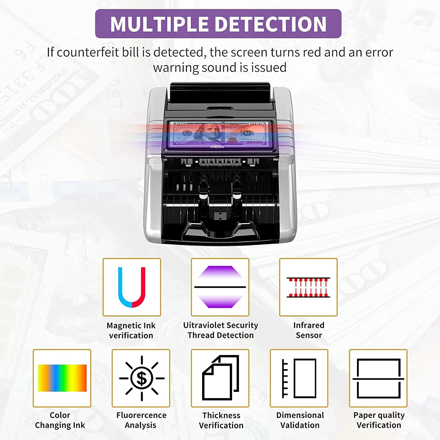 Aneken Money Counter Machine with Value Count, Dollar, Euro UV/MG/IR/DD/DBL/HLF/CHN Counterfeit Detection Bill Counter, Add and Batch Modes, Cash Counter with LCD Display, 2-Year Warranty