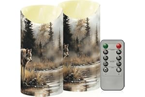 YMXFXP Wolf Retro Forest 5.9”x3” Flameless LED Candles with Remote - Set of 2, Battery-Operated Flickering Pillar Candles wit