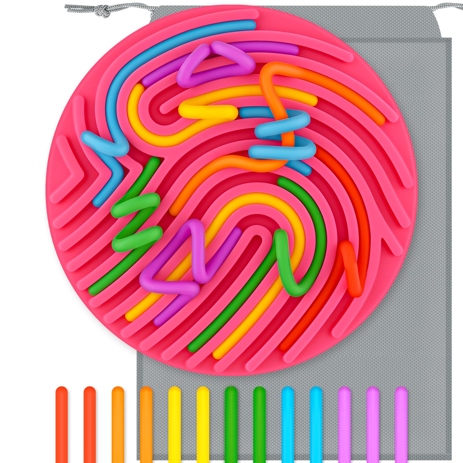 13 Silicone Strings Sensory Board Toy for Kids, Sensory Activity Board, Busy Board, Travel-Friendly STEM Montessori Fidget Toy for Fine Motor Skills and Hand-Eye Coordination (Round, Pink)