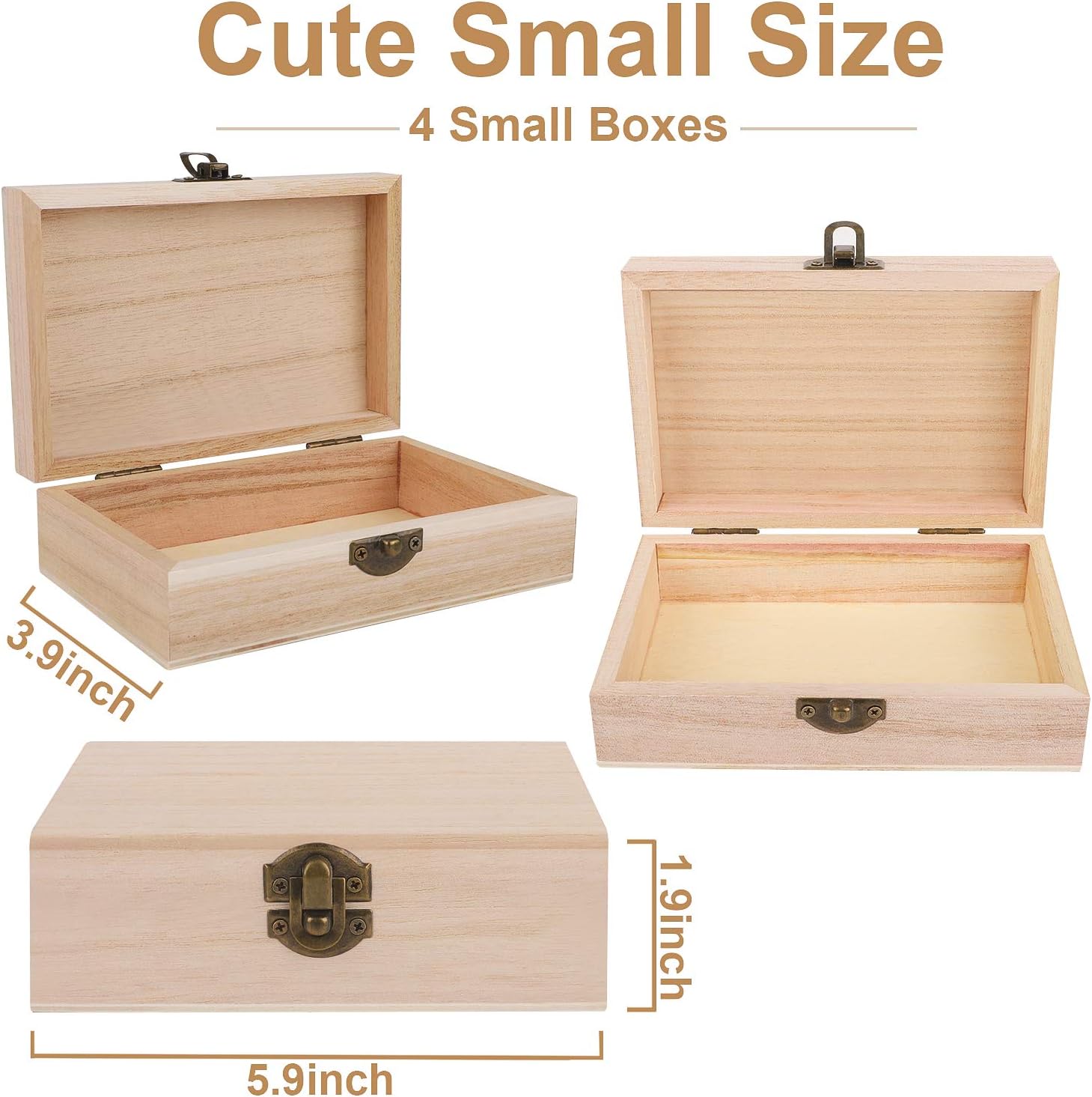 ADXCO 4 Pieces Unfinished Pine Wood Box with Hinged Lid Treasure Boxes with Locking Clasp Treasure Chest Decorate Wooden Boxes for DIY Crafting Gift Storage Box, 5.9 x 3.9 x 2 Inches