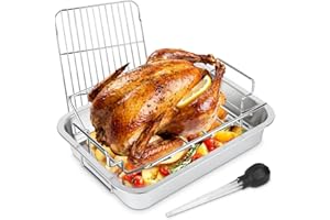 DOLAMOTY Turkey Roaster Roasting Rack with Pan, 15.6*11.6*2.8 inch Stainless Steel Roasting Pan with U Rack and Flat Rack for Smoker Smoking/Dual Purpose fit for Large Big Green Egg and Kamado Joe Etc