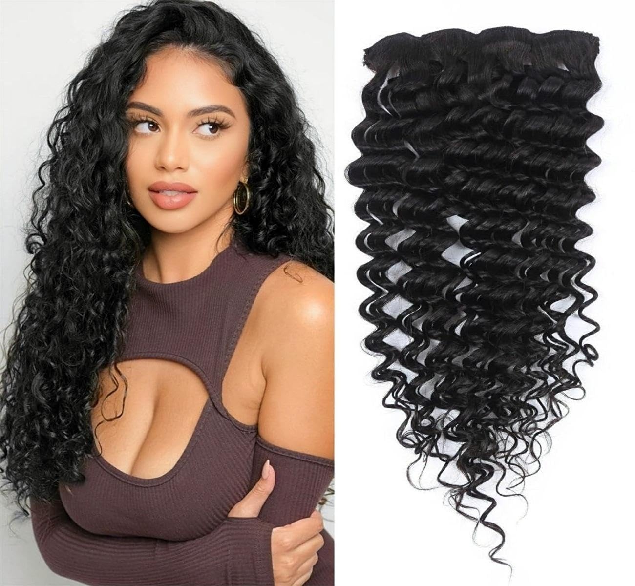 Sexycat Deep Curly Hair Extensions Clip in 16 Inch 8Pcs 100g Clip in Hair Extensions Real Human Hair, Natural Black Color Water Wave Double Weft Hairpieces for Women — image 1