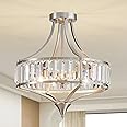 Majhoiw Brushed Nickel 4-Light Crystal Semi Flush Mount Ceiling Light Fixture Rustic Farmhouse Ceiling Lighting with Round Metal Shade Chandelier for Dining Room, Hallway, Bedroom, Foyer