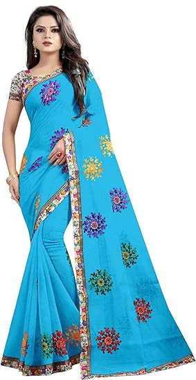 Womens Embroidered Cotton Blend Fabric Saree with Blouse Piece (Light Blue)