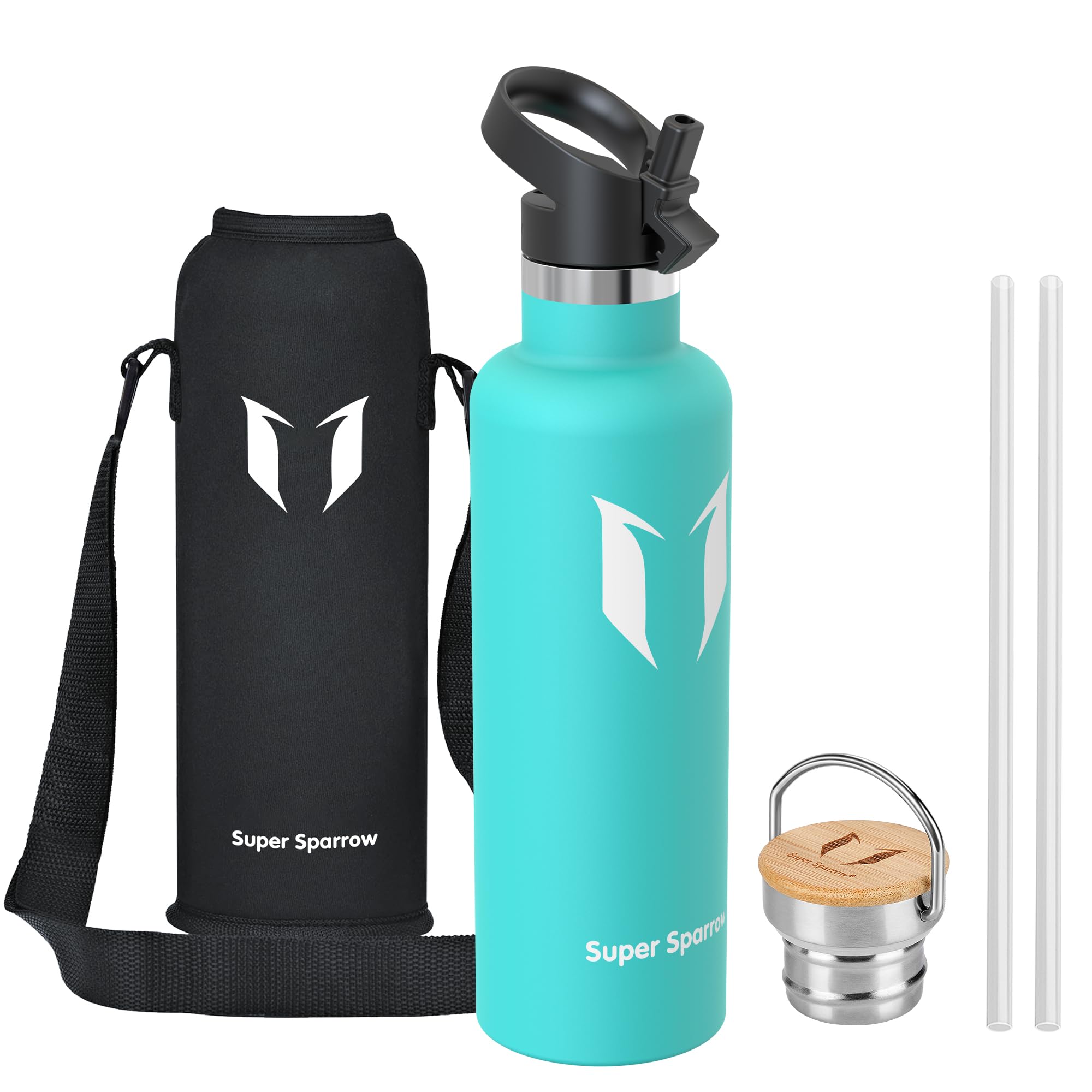 Super Sparrow Water Bottle Stainless Steel - 1000ml - Insulated Metal Water Bottles - Standard Mouth Flask - BPA Free - Straw Bottle for Work, Gym, Sports - 2 Lids — image 1
