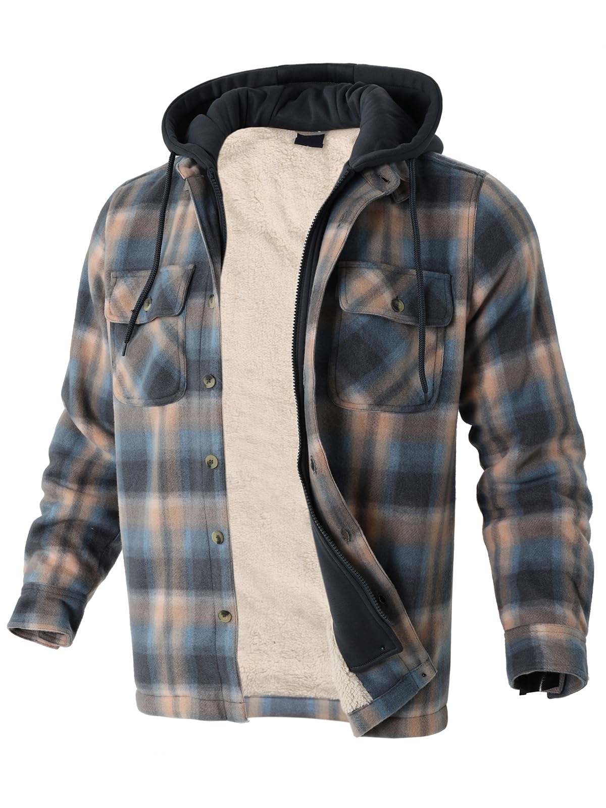 Men's Heavy Thick Flannel Plaid Jacket - Sherpa Fleece Lined Hoodie Zip-Up Winter Coat, Buffalo Plaid, Navy Medium