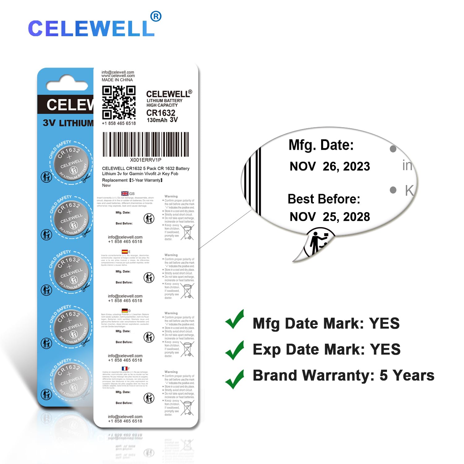 CELEWELL CR1632 5 Pack CR 1632 Battery Lithium 3v for Garmin Vivofit Jr Key Fob Replacement 【5-Year Warranty】
